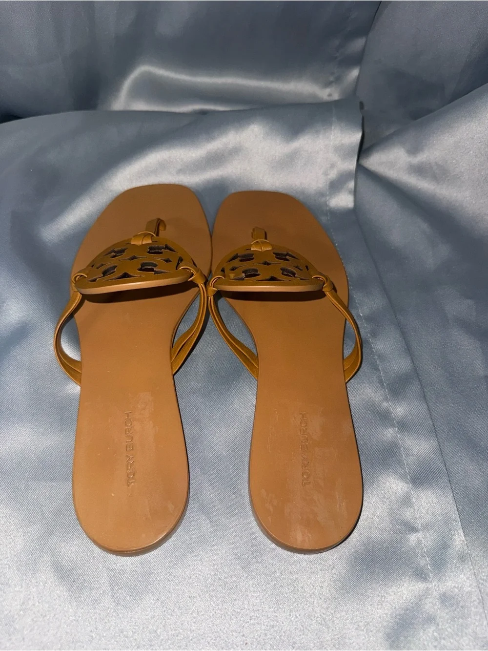 Tory Burch Tan Leather Logo Thong Sandals